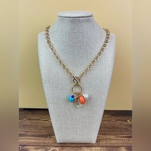 Nordstrom Gold-Tone Charm Cluster Necklace with Turquoise, Orange & Pearl Accent